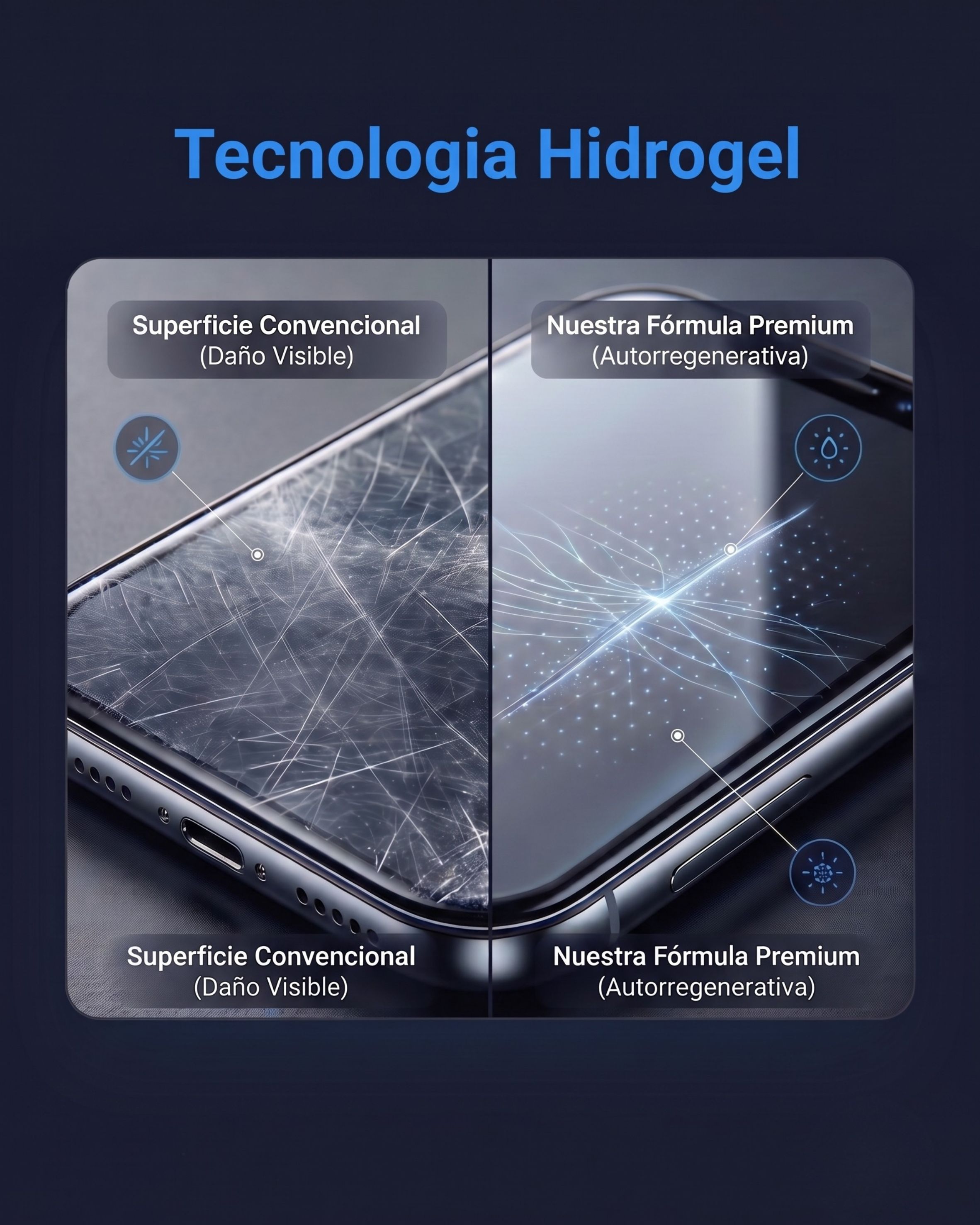 Comparación entre pantalla dañada y pantalla protegida con hidrogel VetroShield
